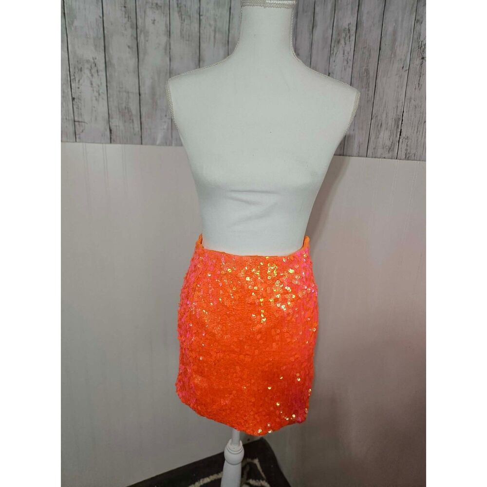 MANER Neon Orange Sequin Mini Skirt Medium NWT Party Festival Clubwear